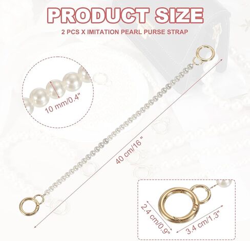 uxcell 2Pcs Imitation Pearl Purse Strap, 16" Bag Extender Chain with Spring Buckle Handbag Purse Chain Replacement Beaded Strap for DIY Handbag Hang Bag Accessories, 10mm Gold in Saudi Arabia