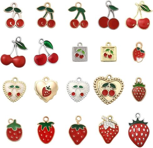 SUNNYCLUE 1 صندوق 40 قطعة 20 نمط سحر الفراولة الكرز سحر الفاكهة الحمراء السائبة الذهب والفضة سبائك معدنية المينا الصيف الفواكه القلب مربع على شكل المعلقات لصنع المجوهرات سوار DIY النتائج الحرفية in Kuwait