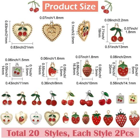 SUNNYCLUE 1 صندوق 40 قطعة 20 نمط سحر الفراولة الكرز سحر الفاكهة الحمراء السائبة الذهب والفضة سبائك معدنية المينا الصيف الفواكه القلب مربع على شكل المعلقات لصنع المجوهرات سوار DIY النتائج الحرفية in Kuwait