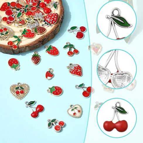 SUNNYCLUE 1 صندوق 40 قطعة 20 نمط سحر الفراولة الكرز سحر الفاكهة الحمراء السائبة الذهب والفضة سبائك معدنية المينا الصيف الفواكه القلب مربع على شكل المعلقات لصنع المجوهرات سوار DIY النتائج الحرفية in Kuwait