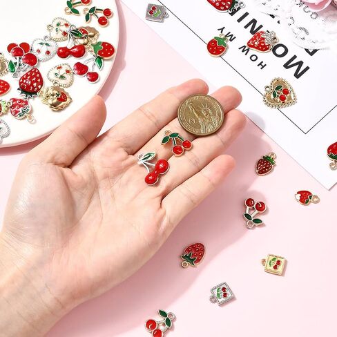 SUNNYCLUE 1 صندوق 40 قطعة 20 نمط سحر الفراولة الكرز سحر الفاكهة الحمراء السائبة الذهب والفضة سبائك معدنية المينا الصيف الفواكه القلب مربع على شكل المعلقات لصنع المجوهرات سوار DIY النتائج الحرفية in Kuwait
