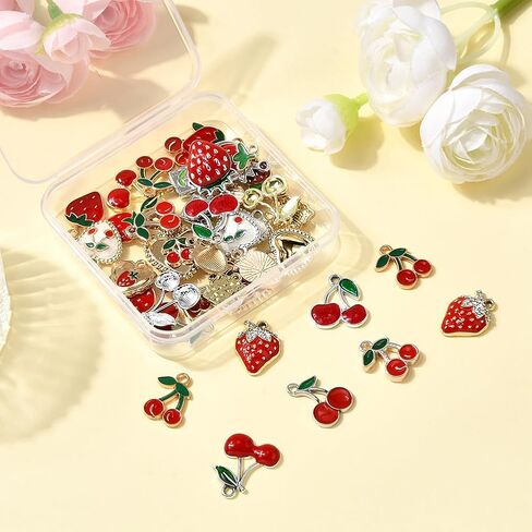 SUNNYCLUE 1 صندوق 40 قطعة 20 نمط سحر الفراولة الكرز سحر الفاكهة الحمراء السائبة الذهب والفضة سبائك معدنية المينا الصيف الفواكه القلب مربع على شكل المعلقات لصنع المجوهرات سوار DIY النتائج الحرفية in Kuwait