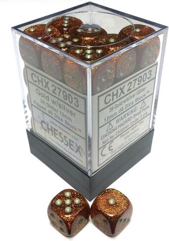 Chessex Dice d6 Sets: Glitter Gold / Silver - 12mm Six Sided Die (36) Block of Dice in Saudi Arabia