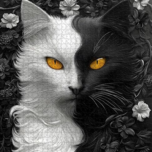Yin Yang Cat Jigsaw Puzzle 1000 Pieces for Adults,Black and White Kitty Animal Flower Puzzle, Unique Kitten Puzzle,Impossible Difficult Hard Challenge for Adults, Cat Aesthetic Home Wall Decor in Saudi Arabia