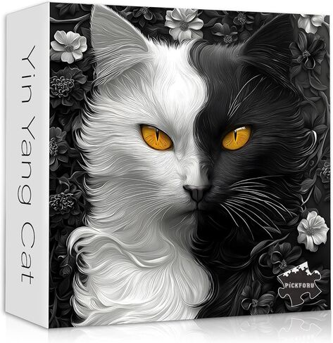 Yin Yang Cat Jigsaw Puzzle 1000 Pieces for Adults,Black and White Kitty Animal Flower Puzzle, Unique Kitten Puzzle,Impossible Difficult Hard Challenge for Adults, Cat Aesthetic Home Wall Decor in Saudi Arabia