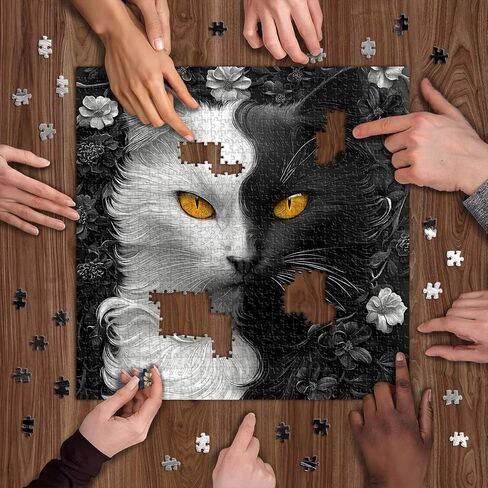 Yin Yang Cat Jigsaw Puzzle 1000 Pieces for Adults,Black and White Kitty Animal Flower Puzzle, Unique Kitten Puzzle,Impossible Difficult Hard Challenge for Adults, Cat Aesthetic Home Wall Decor in Saudi Arabia