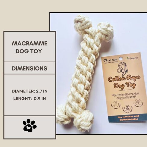 لعبة الكلب المصنوعة من حبل قطني من Macrame - لعبة مضغ منسوجة يدويًا على شكل عظمة للكلاب الصغيرة والجراء - صديقة للبيئة، متينة، آمنة - قطن أبيض in Kuwait