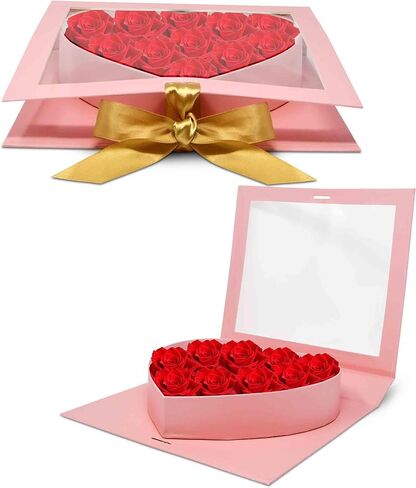 Gift Boutique Valentine's Pink Heart Flower Box Gold Ribbon Clear Top Window Lid Cardboard Fillable Packaging Boxes Treat Floral Candy Chocolate Gifts in Saudi Arabia