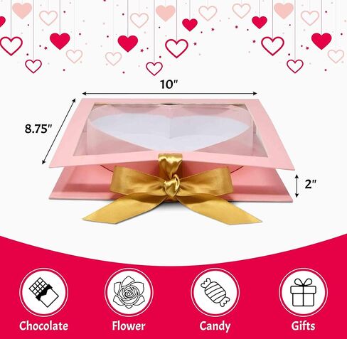 Gift Boutique Valentine's Pink Heart Flower Box Gold Ribbon Clear Top Window Lid Cardboard Fillable Packaging Boxes Treat Floral Candy Chocolate Gifts in Saudi Arabia
