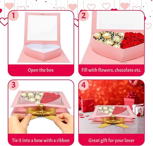 Gift Boutique Valentine's Pink Heart Flower Box Gold Ribbon Clear Top Window Lid Cardboard Fillable Packaging Boxes Treat Floral Candy Chocolate Gifts in Saudi Arabia