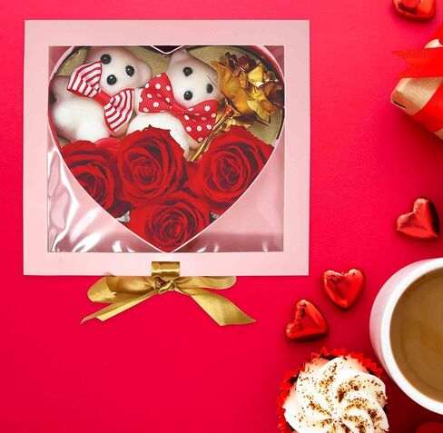 Gift Boutique Valentine's Pink Heart Flower Box Gold Ribbon Clear Top Window Lid Cardboard Fillable Packaging Boxes Treat Floral Candy Chocolate Gifts in Saudi Arabia