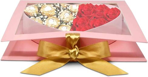 Gift Boutique Valentine's Pink Heart Flower Box Gold Ribbon Clear Top Window Lid Cardboard Fillable Packaging Boxes Treat Floral Candy Chocolate Gifts in Saudi Arabia