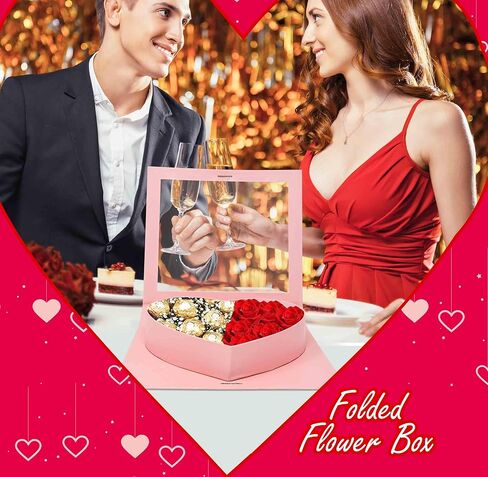 Gift Boutique Valentine's Pink Heart Flower Box Gold Ribbon Clear Top Window Lid Cardboard Fillable Packaging Boxes Treat Floral Candy Chocolate Gifts in Saudi Arabia