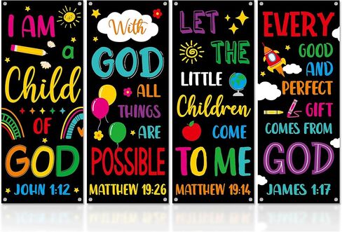 4PCS Church Banners with Scripture Religious Bible Verse Backdrops for Kids Christian Porch Decorations Inspirational Religious Hanging Signs for Church Sunday School Classroom Wall Decor (Black) in Saudi Arabia