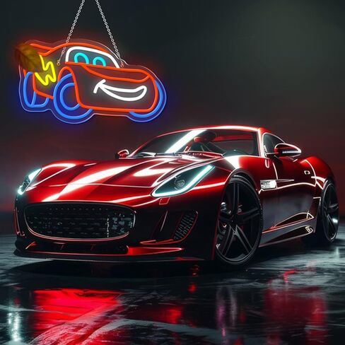 لافتة نيون لسيارة السباق، ضوء نيون للسيارة الرياضية المتحركة، ديكور حائط LED أكريليك لغرفة الأطفال، غرفة الألعاب، المرآب والحفلات ذات الطابع الخاص - هدية عيد ميلاد رائعة للأطفال لمحبي السيارات in Kuwait