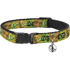 طوق القطط المنفصل من Marvel Comics مع جرس، مشبك بلاستيكي، سهل التعديل، وجه Baby Groot Pose I Am Groot Browns Greens Yellows، من 8.5 إلى 12 بوصة بعرض 0.5 بوصة in Kuwait