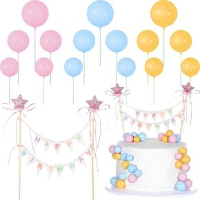 16 قطعة من أعلى كعكة عيد ميلاد سعيد، لافتة علوية للكيك مع عمود خشبي، إكليل قوس قزح مع شريط فيونكة، ديكور كب كيك لحفلات أعياد الميلاد (الوردي والأزرق والأصفر) in Kuwait