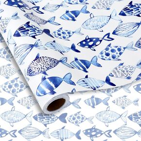 AnyDesign Ocean Fish Wrapping Paper - Mini Roll - 17 In x 32.8 Ft Blue Watercolor Under The Sea Fish Gift Wrap Paper for DIY Crafts Summer Birthday Holiday Party Supplies in Kuwait