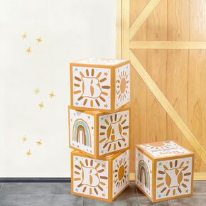 هنا يأتي صندوق حفلات الابن لاستحمام الطفل، صناديق مكعبات Sunshine Boy Boho Baby وRetro Sun Baby مع حروف لمستلزمات حفلات أعياد الميلاد الأولى لحديثي الولادة. (4 قطع) in Kuwait