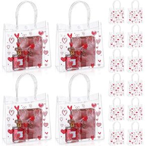 Aliceset 24 Pcs Valentines Goodie Bags Plastic Gift Bags with Handles 7.87 x 7.87 x 3.15 in Galentines Reusable Clear PVC Heart Gift Bag for Valentines Wedding Bridal Party Favors in Kuwait