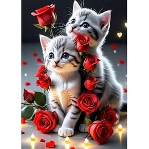 MOMDEDP Cat Diamond Art Kits for Adults, Kitten Rose Flowers Diamond Painting for Adult, 5D Diamonds Painting, DIY Round Full Drill Cats Gem Art Crafts Kit Home Wall Decor Gifts 16x12 inch in Kuwait