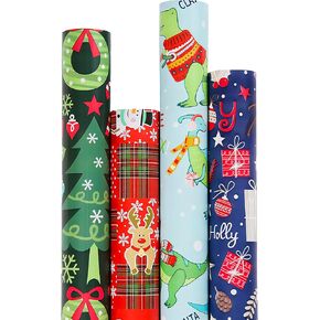 GONEJALL Christmas Wrapping Paper 4 Rolls Gift Wrap Paper, Funny Santas, Cute Dinosaur, Christmas Wreath, Tree, Reindeers - Suitable for Various Holiday Gifts Wrapping - 17 inches x 10 feet Per Roll in Kuwait