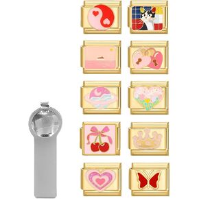 papasgix Italian Charm Bracelet Charms Gold Set with Pink Assorted Charms Opening Tool 9mm Modular Italian Charm Bracelet Links Bulk Pack Handmade DIY Jewelry in Saudi Arabia
