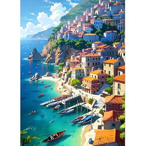 GDYEEH DIY قرية الصيد 5D الماس مجموعات الفن، جولة الحفر الكامل تألق المناظر البحرية الماس اللوحة الصورة، المناظر الطبيعية اللوحة بالأرقام مجموعات الفن للبالغين المبتدئين ديكور جدار المنزل 12x16 بوصة in Kuwait