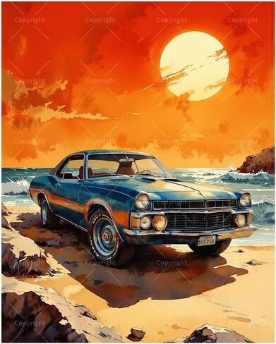 Vintage Car Paint by Numbers Kit for Adults - DIY Blue Car at Sunset Beach Painting on Canvas 16x20In, Acrylic Paint Set, Suitable for Beginners, Art for Home Decoration or Gifts in Saudi Arabia