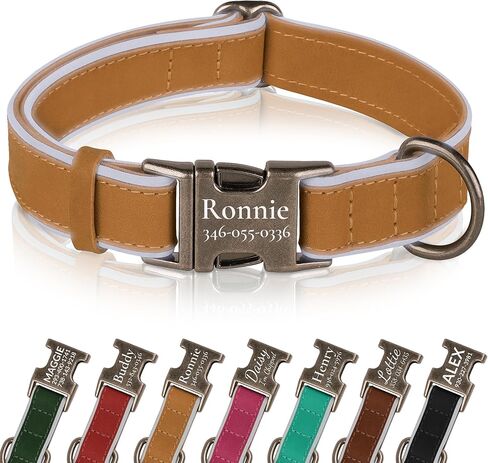 Personalized Leather Dog Collar with Engraved Metal Buckle Custom Soft Padded Reflective Collars for Small Medium Large Breed Dogs Puppy, 4 Sizes, 7 Colors (Brown, XL, 19"-24") in Saudi Arabia