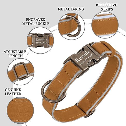 Personalized Leather Dog Collar with Engraved Metal Buckle Custom Soft Padded Reflective Collars for Small Medium Large Breed Dogs Puppy, 4 Sizes, 7 Colors (Brown, XL, 19"-24") in Saudi Arabia