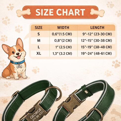 Personalized Leather Dog Collar with Engraved Metal Buckle Custom Soft Padded Reflective Collars for Small Medium Large Breed Dogs Puppy, 4 Sizes, 7 Colors (Brown, XL, 19"-24") in Saudi Arabia
