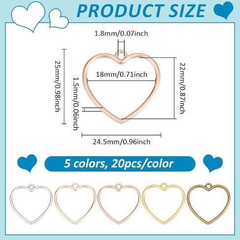 PH PandaHall 100pcs 5 Colors Hollow Heart Charms, 1 inch Heart Pendant Hollow Frame Open Bezel Connector Charms Jewelry Findings for Earring Bracelet Necklace Pendants Jewelry Resin Crafts Making in Kuwait