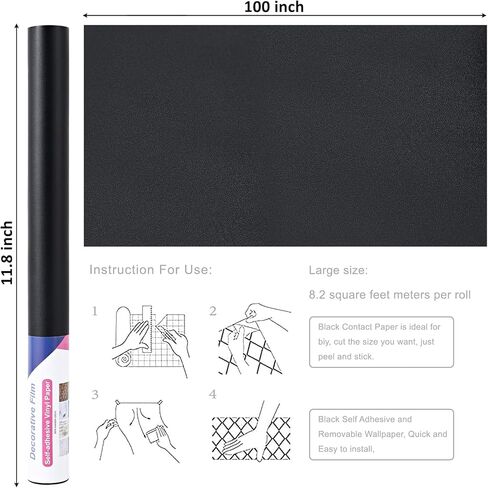 Arthome 11.8''x100'' ورق اتصال أسود، ورق حائط ذاتي اللصق مقاوم للماء من الفينيل PVC اللامع، مقاوم للزيت، ورق حائط أسود، ورق فينيل لسطح غطاء الأثاث، كونترتوب، مطبخ، بطانة رف in Kuwait