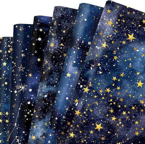 12 Sheets Starry Night Wrapping Paper Watercolor Gold Stars Gift Wrap Paper Bulk Folded Flat for Birthday, Wedding, DIY Crafts, Holiday Presents, Baby Showers, Anniversary Decor, 19.7 x 27.6 Inch in Saudi Arabia