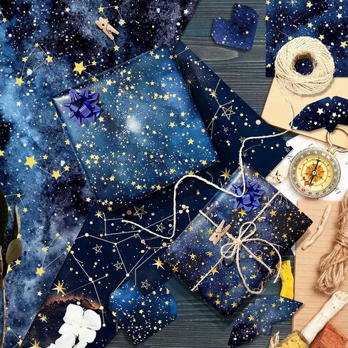 12 Sheets Starry Night Wrapping Paper Watercolor Gold Stars Gift Wrap Paper Bulk Folded Flat for Birthday, Wedding, DIY Crafts, Holiday Presents, Baby Showers, Anniversary Decor, 19.7 x 27.6 Inch in Saudi Arabia