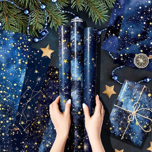 12 Sheets Starry Night Wrapping Paper Watercolor Gold Stars Gift Wrap Paper Bulk Folded Flat for Birthday, Wedding, DIY Crafts, Holiday Presents, Baby Showers, Anniversary Decor, 19.7 x 27.6 Inch in Saudi Arabia