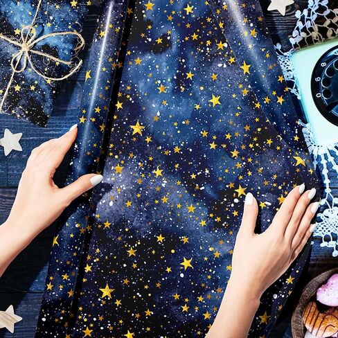 12 Sheets Starry Night Wrapping Paper Watercolor Gold Stars Gift Wrap Paper Bulk Folded Flat for Birthday, Wedding, DIY Crafts, Holiday Presents, Baby Showers, Anniversary Decor, 19.7 x 27.6 Inch in Saudi Arabia