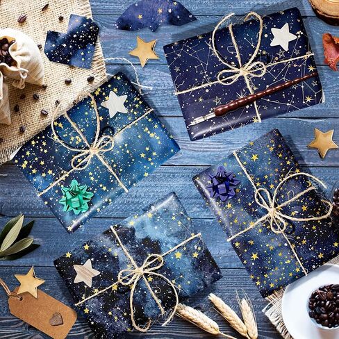 12 Sheets Starry Night Wrapping Paper Watercolor Gold Stars Gift Wrap Paper Bulk Folded Flat for Birthday, Wedding, DIY Crafts, Holiday Presents, Baby Showers, Anniversary Decor, 19.7 x 27.6 Inch in Saudi Arabia
