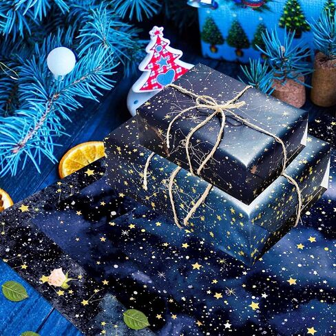 12 Sheets Starry Night Wrapping Paper Watercolor Gold Stars Gift Wrap Paper Bulk Folded Flat for Birthday, Wedding, DIY Crafts, Holiday Presents, Baby Showers, Anniversary Decor, 19.7 x 27.6 Inch in Saudi Arabia