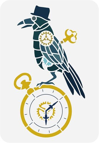 FINGERINSPIRE Steampunk Crow Stencil 8.3x11.7inch الجوف خارج اللوحة الاستنسل الغراب رسم قالب الربيع ساعة نمط الاستنسل النمط الميكانيكي الاستنسل للأثاث باب جدار ديكور in Kuwait