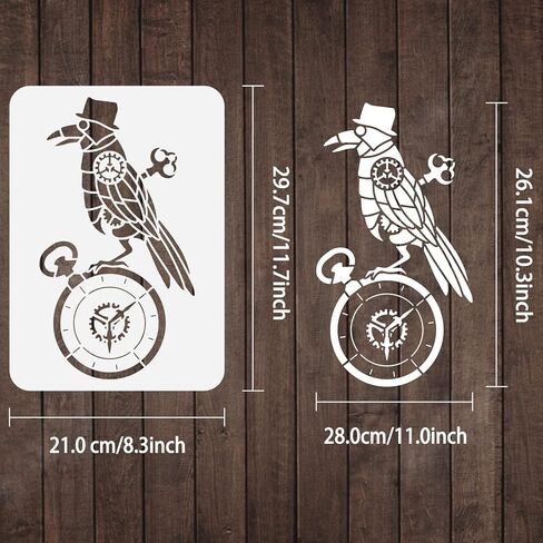 FINGERINSPIRE Steampunk Crow Stencil 8.3x11.7inch الجوف خارج اللوحة الاستنسل الغراب رسم قالب الربيع ساعة نمط الاستنسل النمط الميكانيكي الاستنسل للأثاث باب جدار ديكور in Kuwait