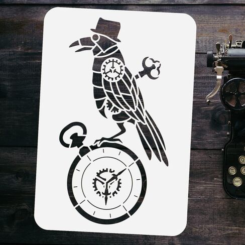 FINGERINSPIRE Steampunk Crow Stencil 8.3x11.7inch الجوف خارج اللوحة الاستنسل الغراب رسم قالب الربيع ساعة نمط الاستنسل النمط الميكانيكي الاستنسل للأثاث باب جدار ديكور in Kuwait