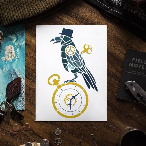 FINGERINSPIRE Steampunk Crow Stencil 8.3x11.7inch الجوف خارج اللوحة الاستنسل الغراب رسم قالب الربيع ساعة نمط الاستنسل النمط الميكانيكي الاستنسل للأثاث باب جدار ديكور in Kuwait
