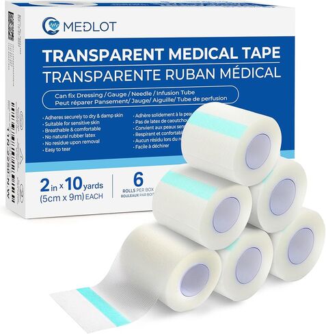LotFancy Transparent Medical Tape, 2 Rolls, Adhesive Clear Hypoallergenic Surgical Tape, PE First Aid Tape for Wound, Bandage, 1inch x 10Yards, Sensitive Skin, Latex Free in Saudi Arabia