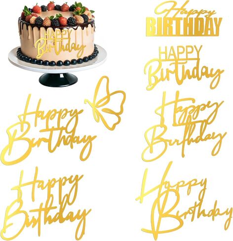 6 قطع من أعلى كعكة عيد ميلاد سعيد ذهبية، علامة عيد ميلاد سعيد للكيك، مرآة زينة جانبية من الأكريليك للكب كيك، زخارف كب كيك، 6 أنماط، لوازم الحفلات المتينة in Kuwait