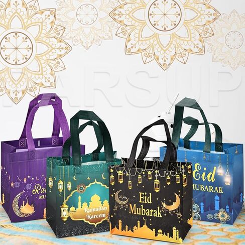 PARSUP 8PCS Eid Mubarak Reusable Gift Bags, Treat Bags with Handles, Ramadan Mubarak Party Bags, Multifunctional Non-Woven Eid Bags for Gifts Wrapping, Ramadan Kareem Party Supplies, 9.2"×8.7"×4.3" in Saudi Arabia