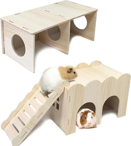 Wooden Guinea Pig 2-Chamber Hideout-Tunnel Multi Chamber Exploring Toy Hamster Exploring Labyrinth Tunnel Toy for Hamsters Guinea Pigs Mice in Kuwait