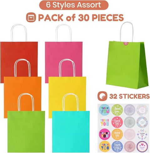 Parmedu Small Paper Gift Bags with Handles - 30 Pack 8.7"x3.5"x7.9" Colorful Party Favor Bags Bulk, Gift Bags for Christmas, Birthdays, Weddings, Festivals, and Parties (6 Colors) in Saudi Arabia
