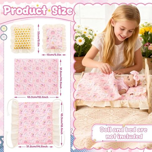 6 Set 18 Inch Doll Bedding Accessories Set, Included Comforter, Mattress, Pillow Cute Accessories- Fits 18 Doll Beds, Bunkbeds, Cribs and Cradles, Featuring Pretty Lace and a Securing Cord in Saudi Arabia